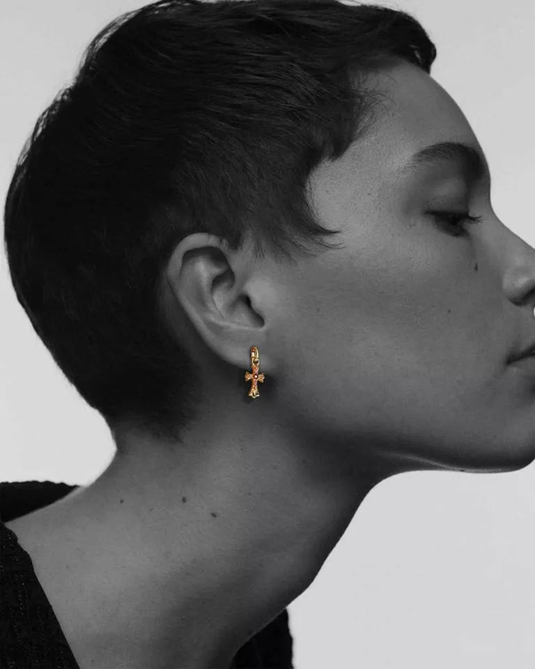 BABY CROSS CHARM EARRINGS WITH RUBIES