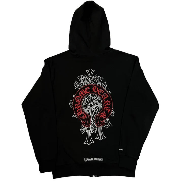 Black Chrome Hoodie With Red Cross