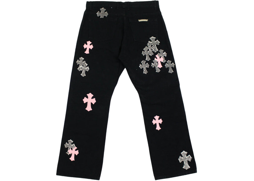 Chrome Hearts Pink & Checkered Cross Patch Fleurknee Jeans