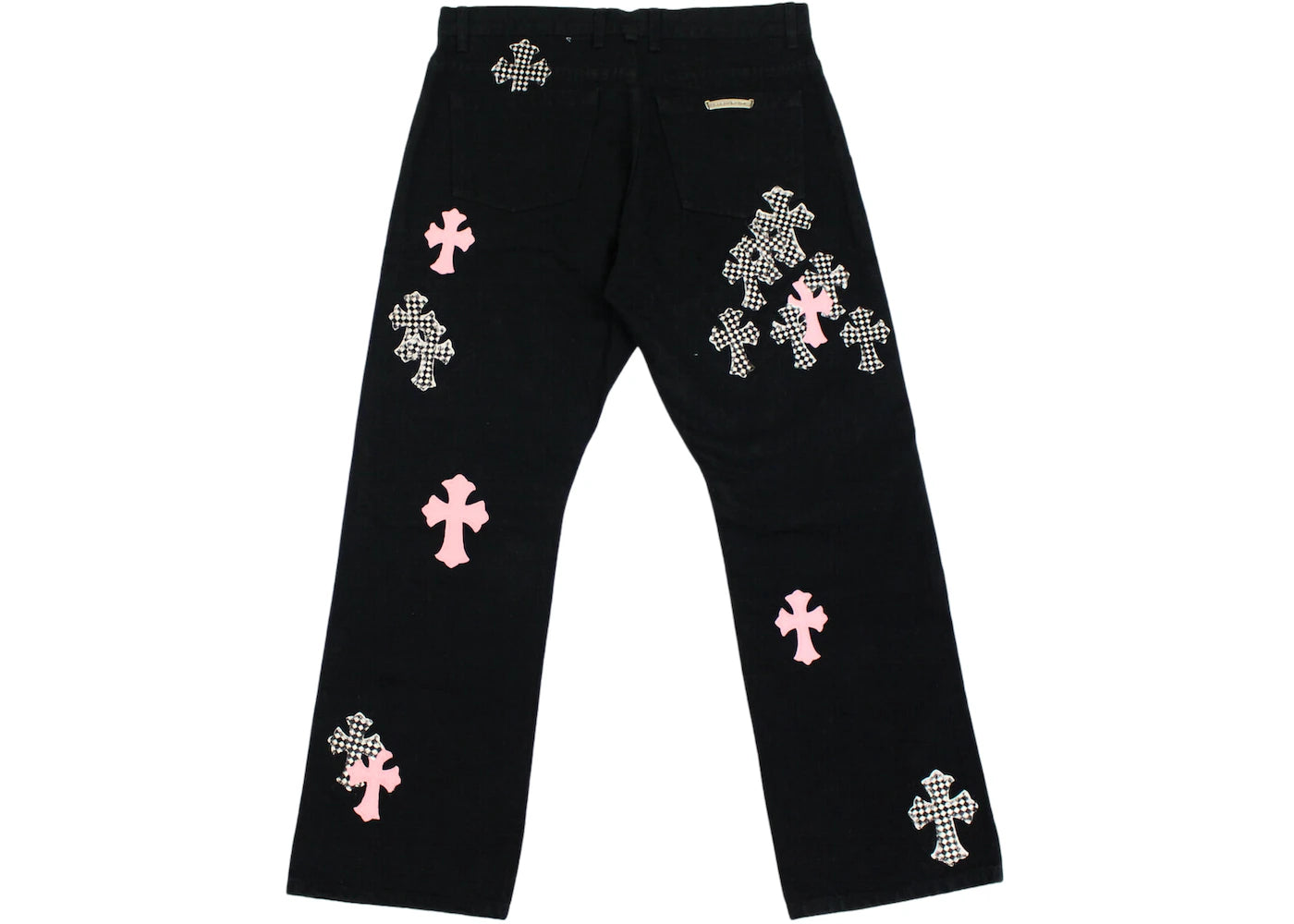 Chrome Hearts Pink & Checkered Cross Patch Fleurknee Jeans