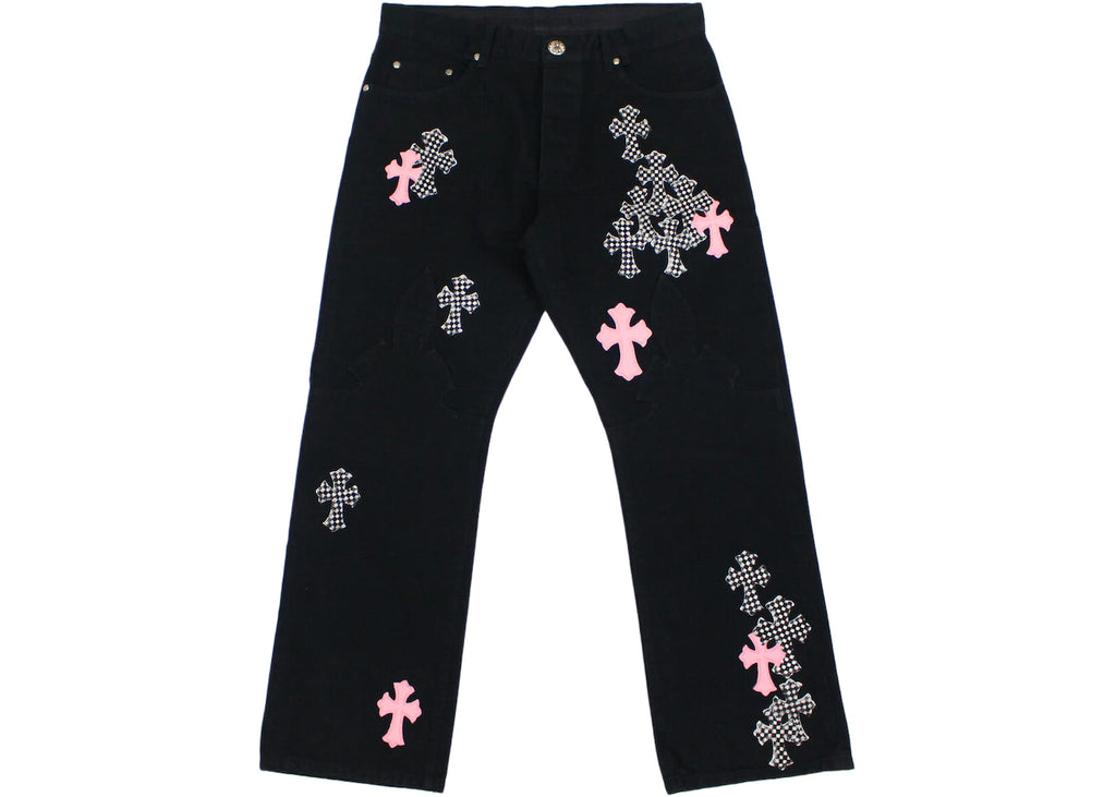 Chrome Hearts Pink & Checkered Cross Patch Fleurknee Jeans